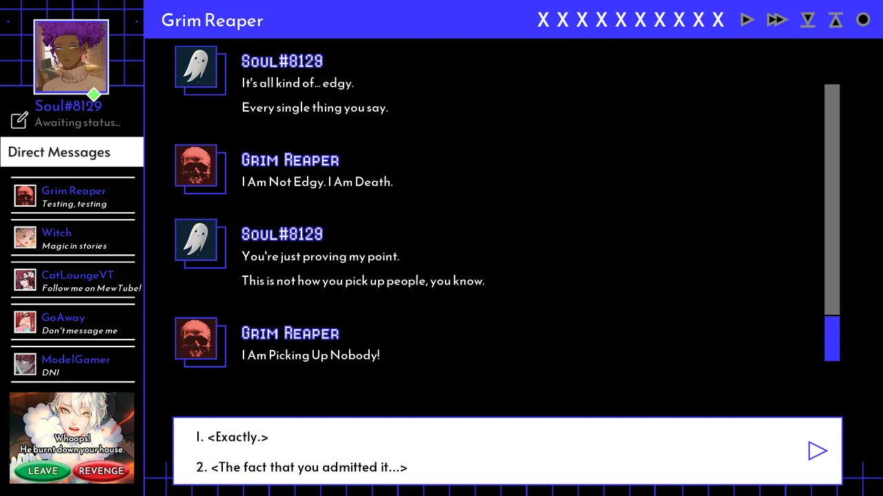A Date with Death chat window with the Grim Reaper