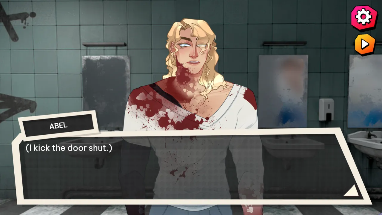 Dating Killmulator 2 Abel covered in blood in a bathroom