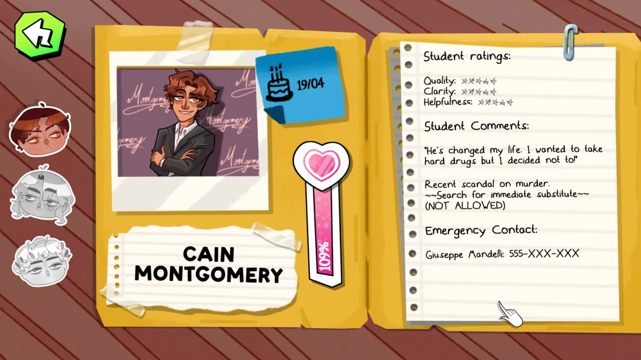 Dating Killmulator 2 student file for Cain Montgomery