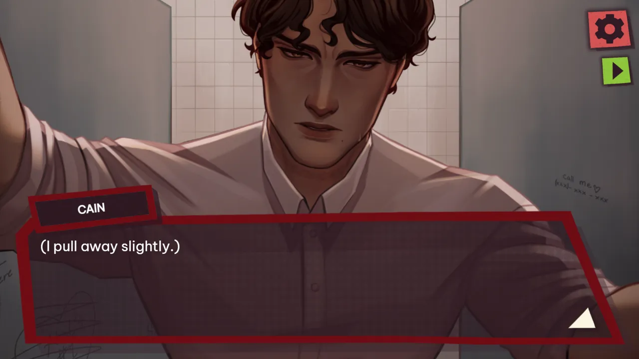 Dating Killmulator Cain pulling away in a dialogue scene