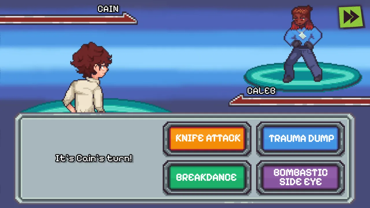 Dating Killmulator battle minigame with Knife Attack and Trauma Dump buttons