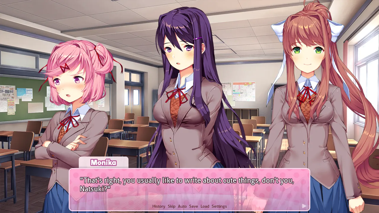 Doki Doki Literature Club Natsuki, Yuri and Monika in the clubroom