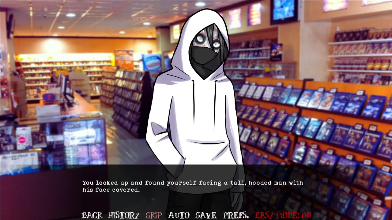 Fear Me hooded customer in the video store