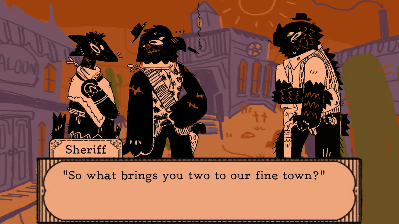 Lookouts sheriff greeting two outlaws in town