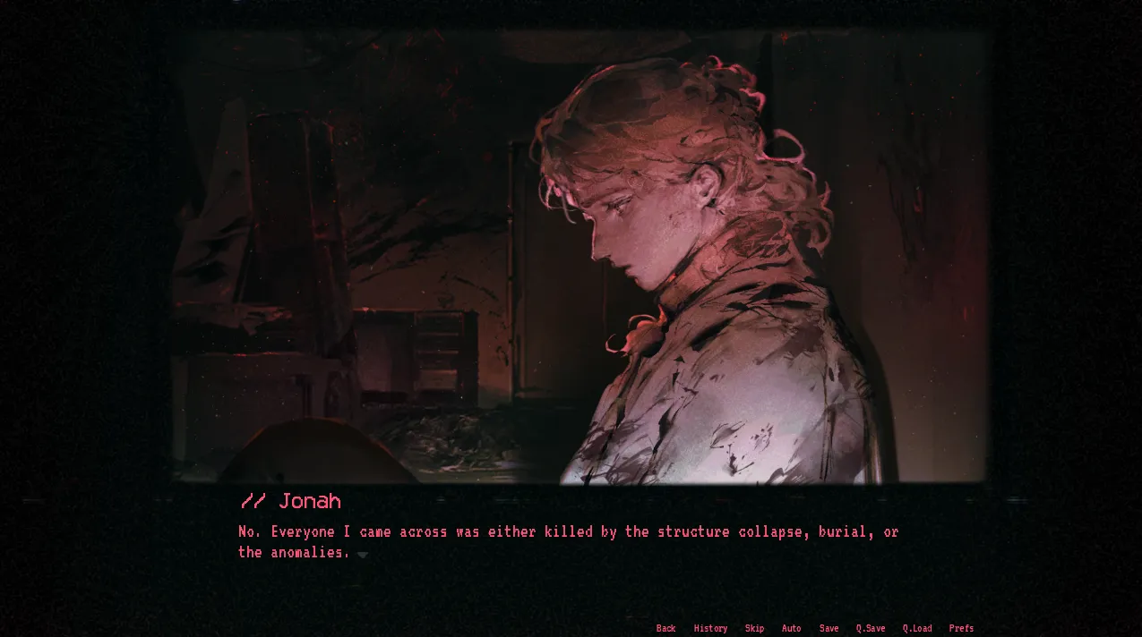 Site Burial dialogue with Jonah in a red-lit room